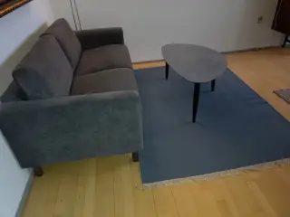 Sofa 2 pers. sofabord og tæppe.