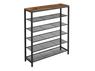 Skostativ - 5 hylder og stor topplade, metalramme i industrielt design, vintage brun/sort (100×30×110 cm)