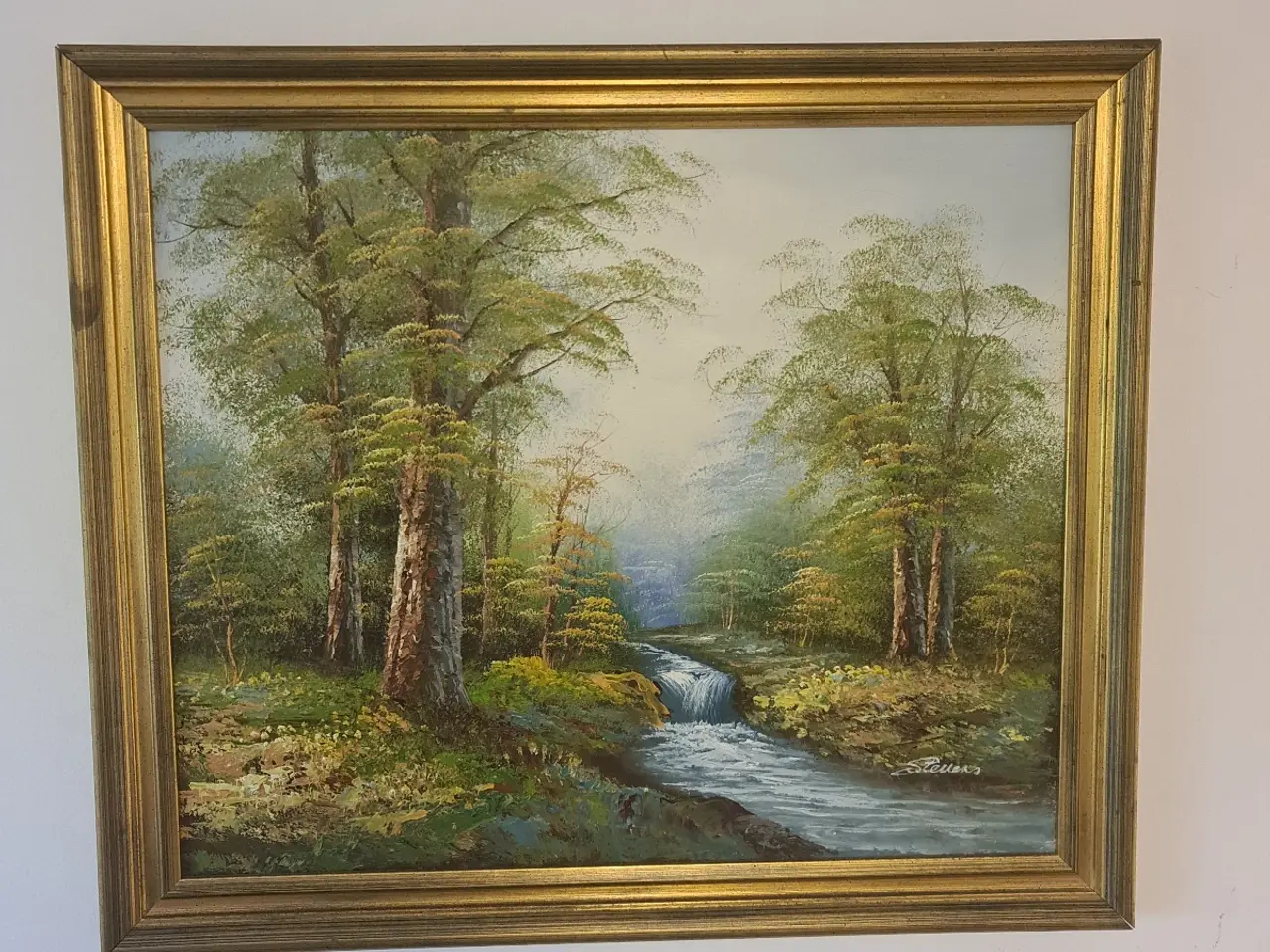 Billede 1 - Oliemaleri med skov og vandfald – signeret Stevens