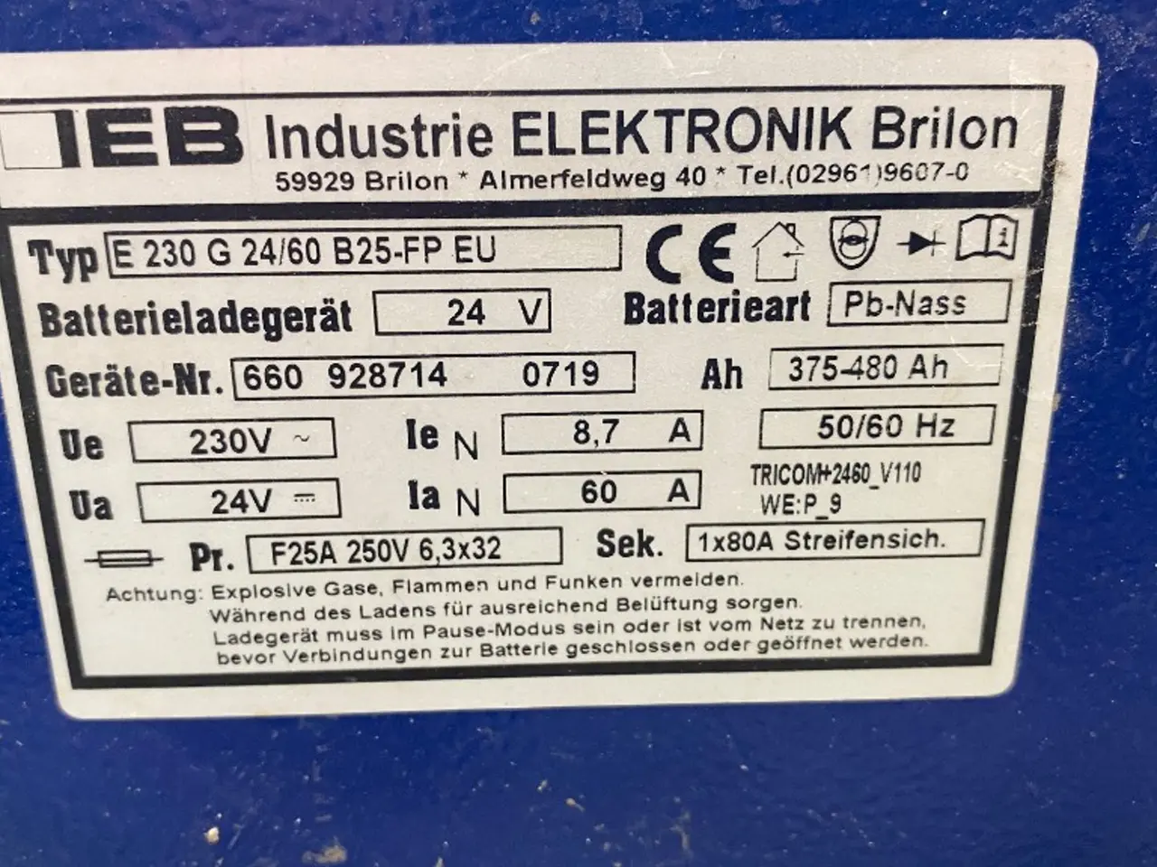 Billede 5 - IEB E 230 G 24/60 B25-FP EU – 24V / 60A Batteriladdare för gaffeltruck