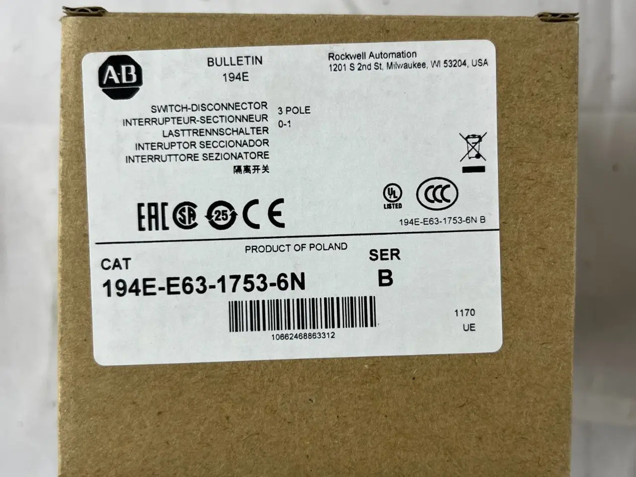 Billede 3 - Allen Bradley 194E-E63-1753-6N Load kontakt 63A