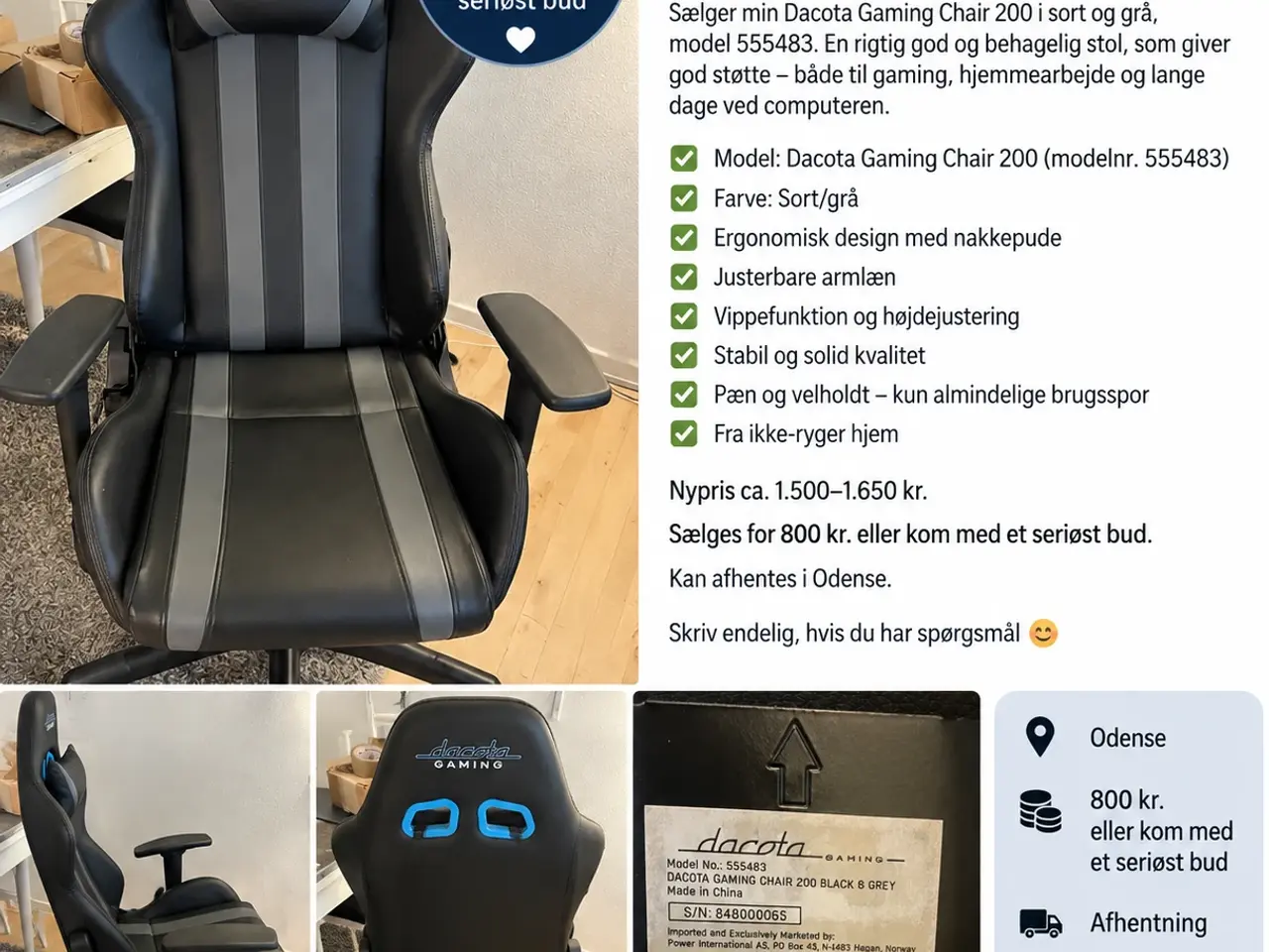 Billede 1 - Dacota Gaming Chair 200 Black & Grey