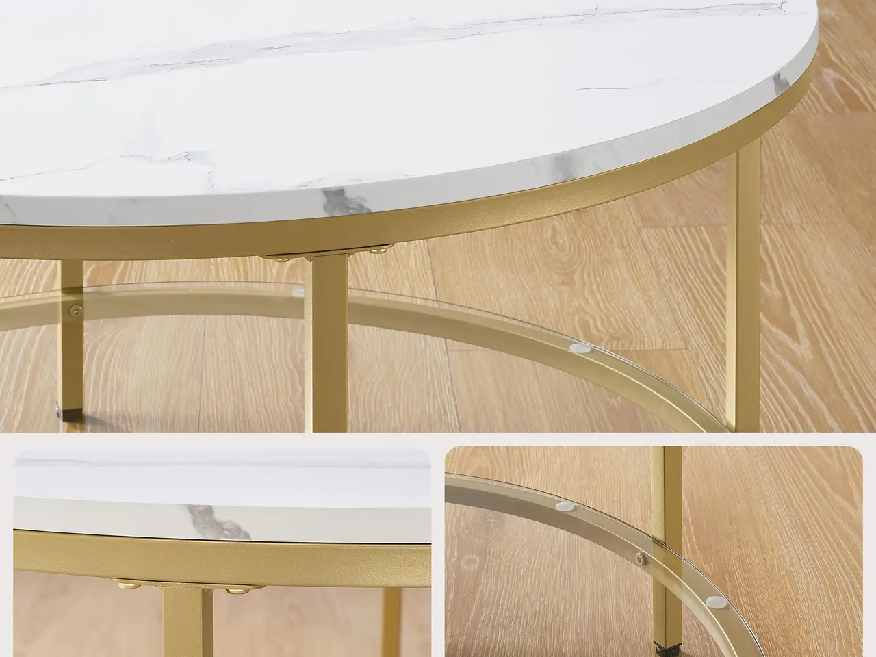 Billede 5 - Rundt sofabord med glashylde - hvid marmor-look/guld