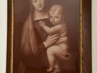 Maleri Madonna med barn i flot træramme m guldkant