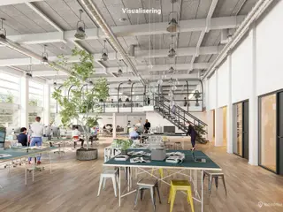 Kreativt kontormiljø med højt til loftet og adgang til fælles personalerestaurant og café