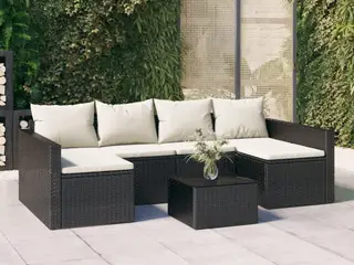 Loungesæt til haven i polyrattan - 2 dele, sort med cremefarvede hynder