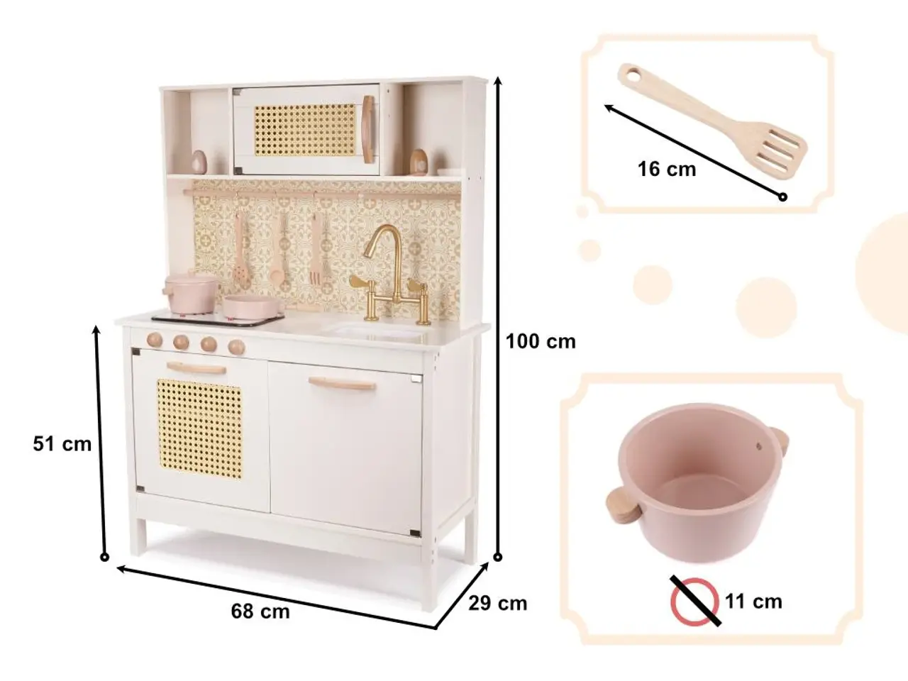 Billede 14 - Legekøkken i træ med retro look og boho tilbehør - MDF, lys og lyd