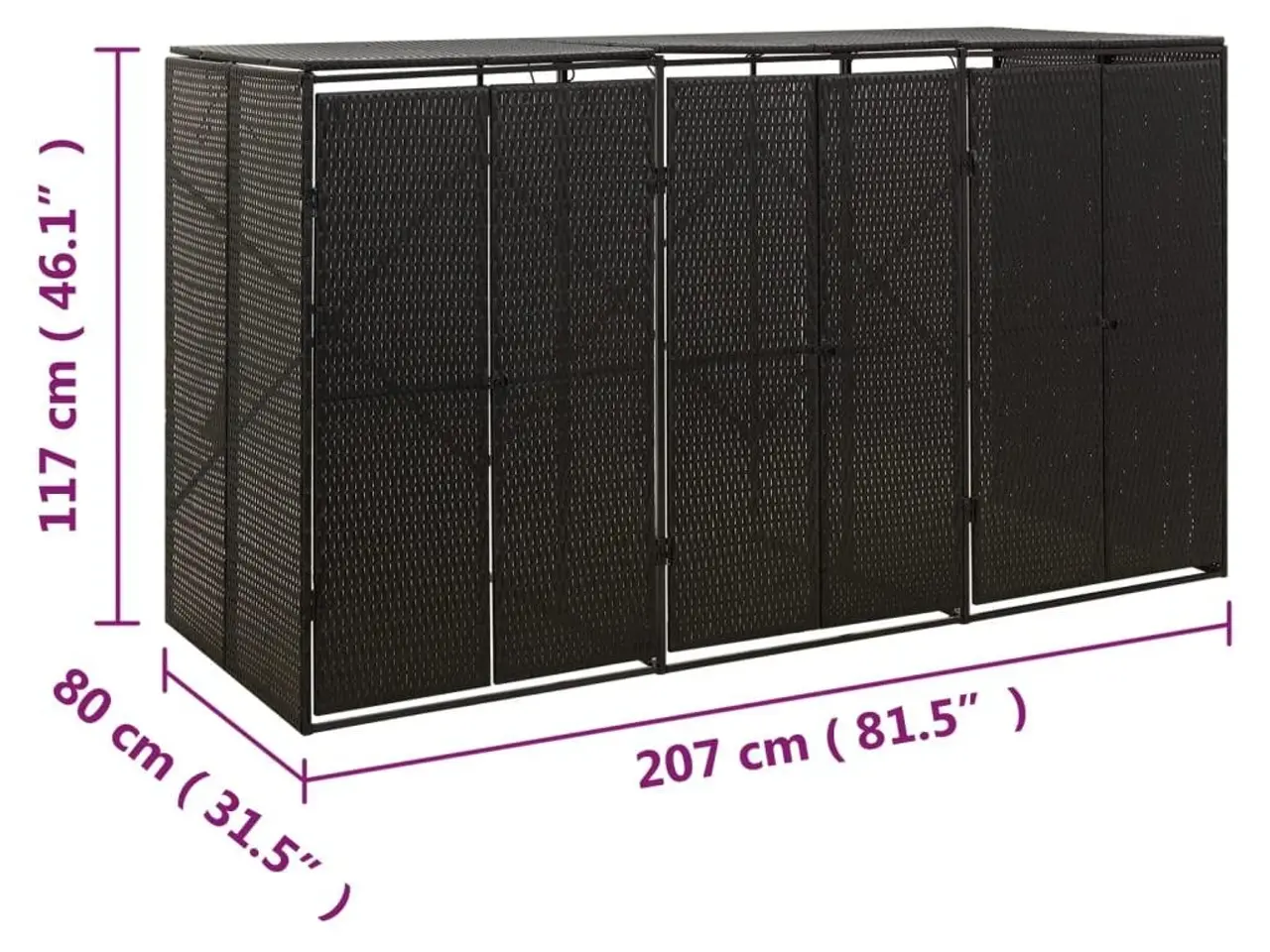 Billede 7 - Tredobbelt skraldespandsskjuler i polyrattan 207×80×117 cm - sort