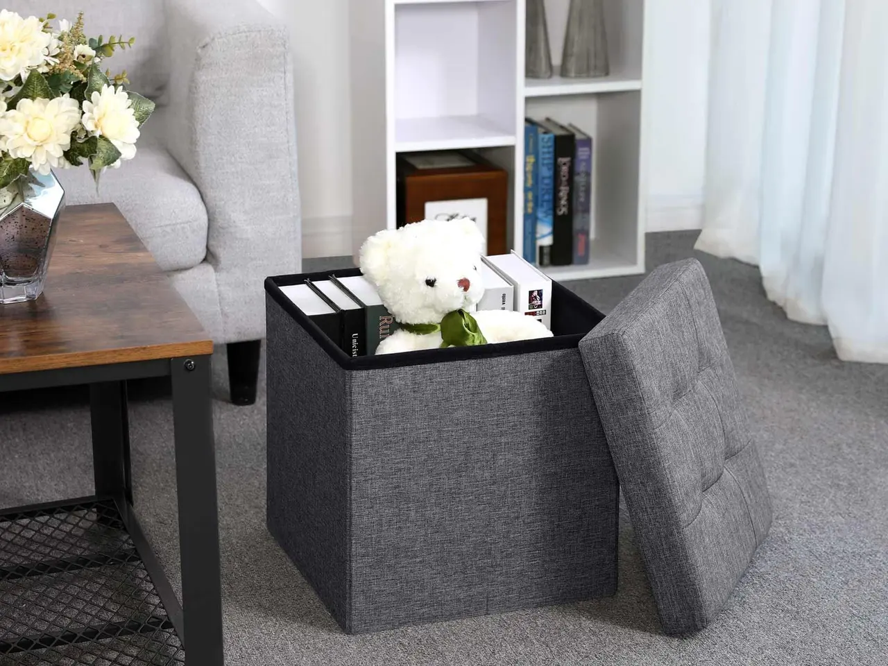 Billede 4 - Opbevaringspuf med låg 38 × 38 × 38 cm, mørkegrå tekstil