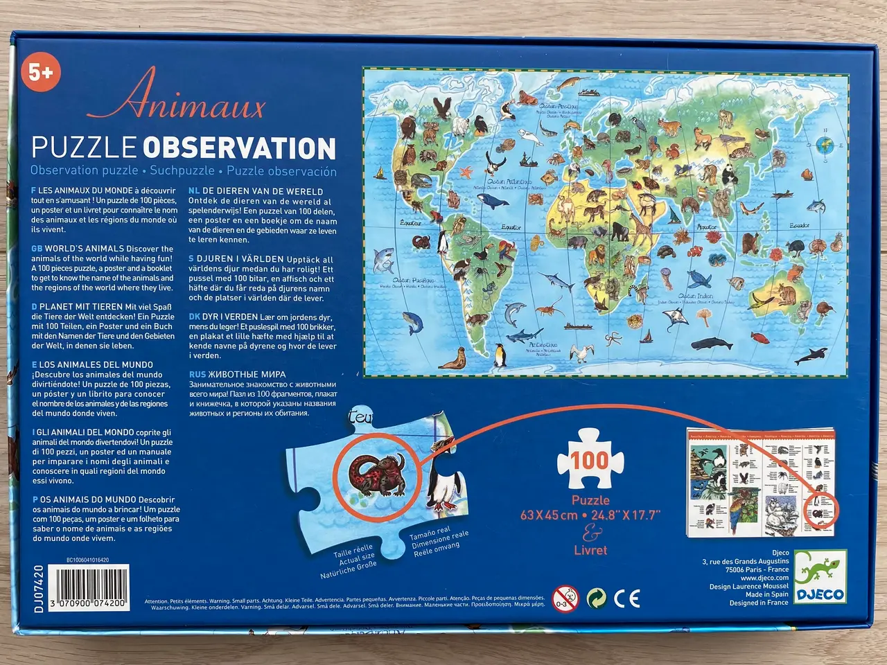 Billede 2 - Djeco Observation Puzzle / Verdenskort med dyr 100