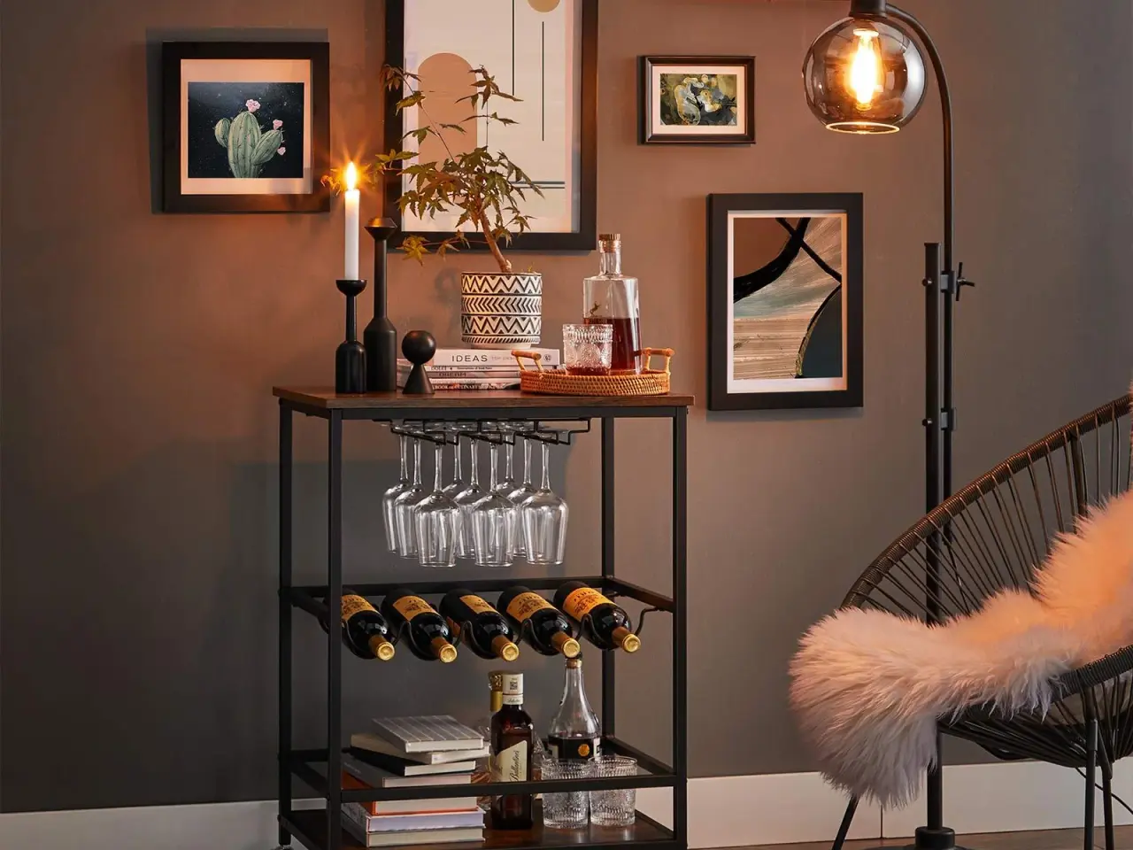 Billede 3 - Rullebord med vin- og glasholder industrielt design, 60 × 40 × 75 cm, rustik brun/sort
