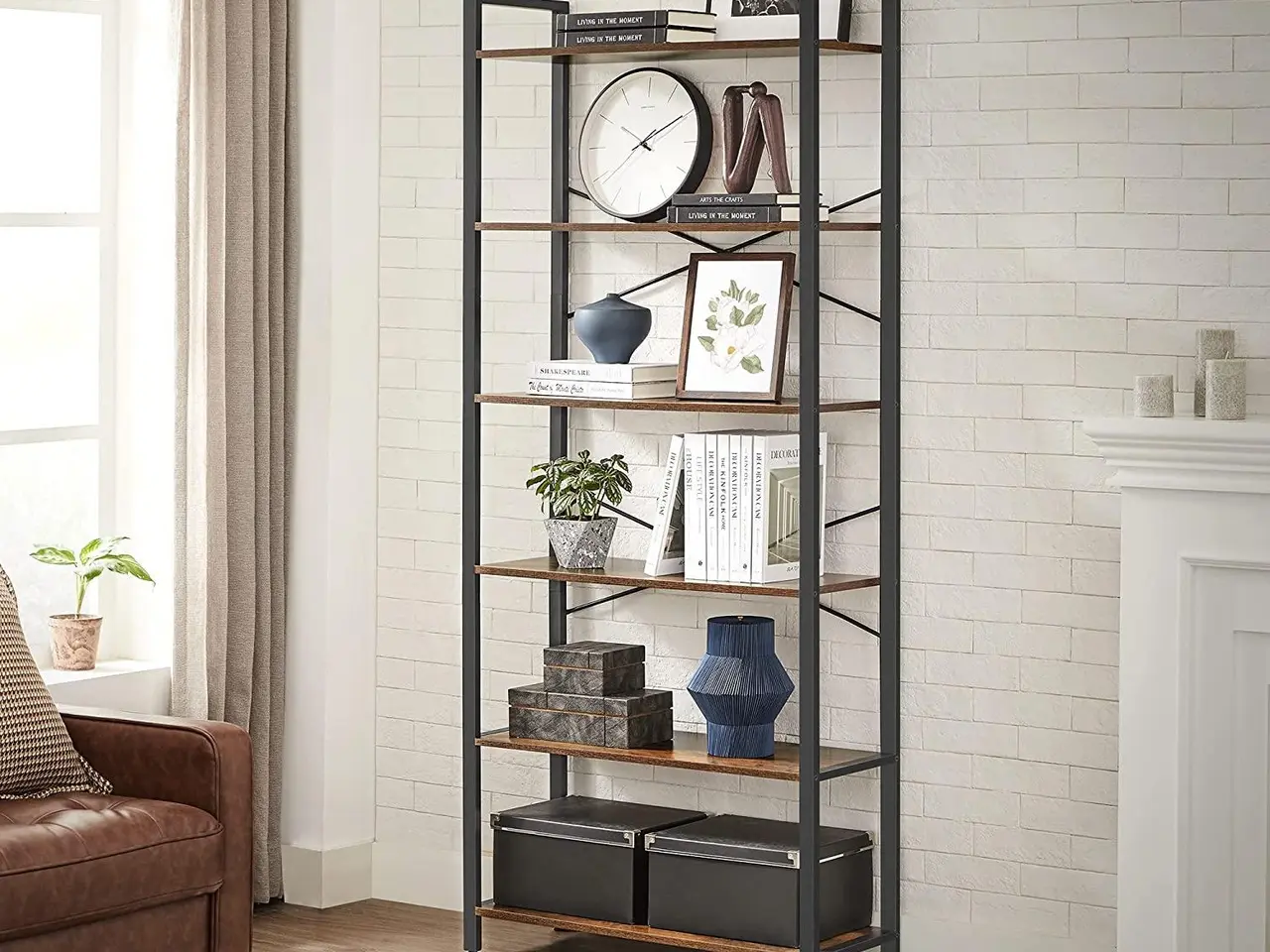 Billede 3 - Stigehylde 6 niveauer, industrielt reolsystem, 80 × 30 × 186 cm, rustik brun/sort