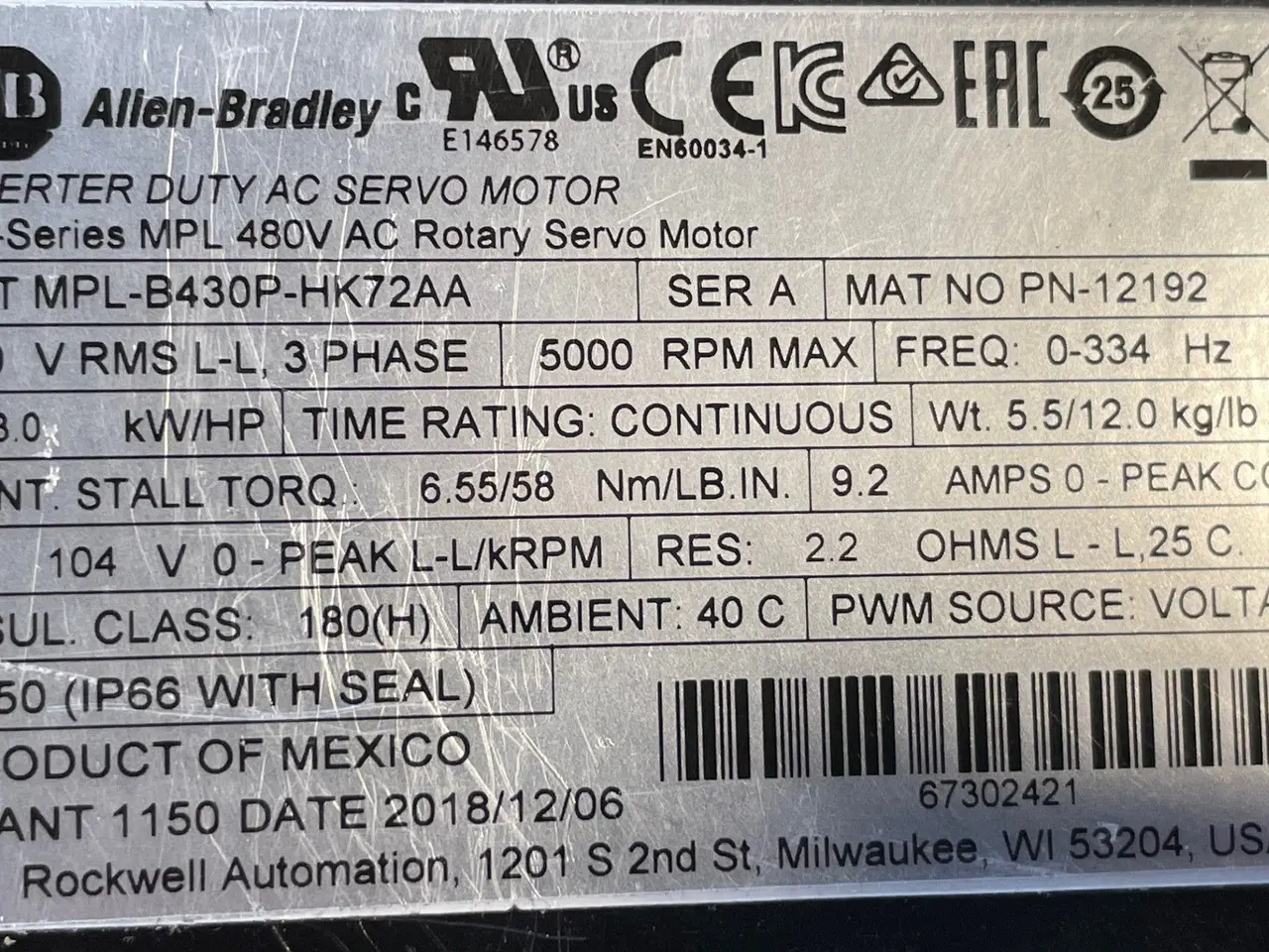 Billede 2 - Allen-Bradley MPL-B430P-HK72AA MP-Series 460V AC –