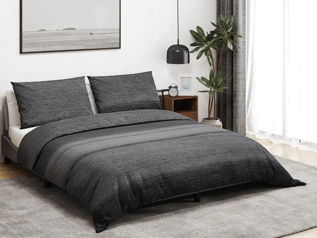 Billede 1 - Dynebetræksæt mørkegrå og sort 200 x 220 cm - bomuld