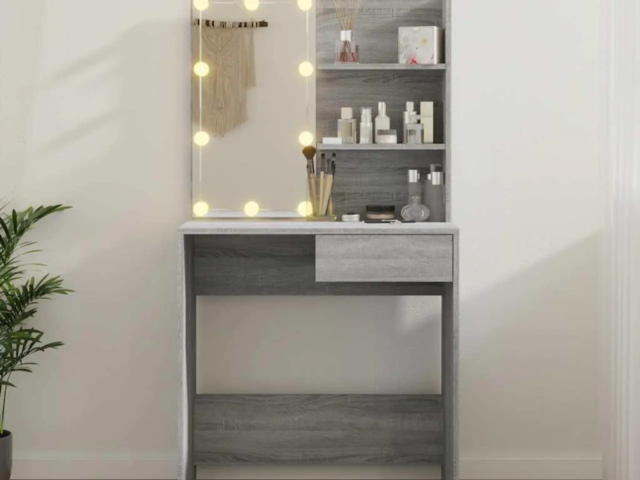 Billede 12 - Makeupbord med LED-lys 74,5×40×141 cm - grå sonoma-eg