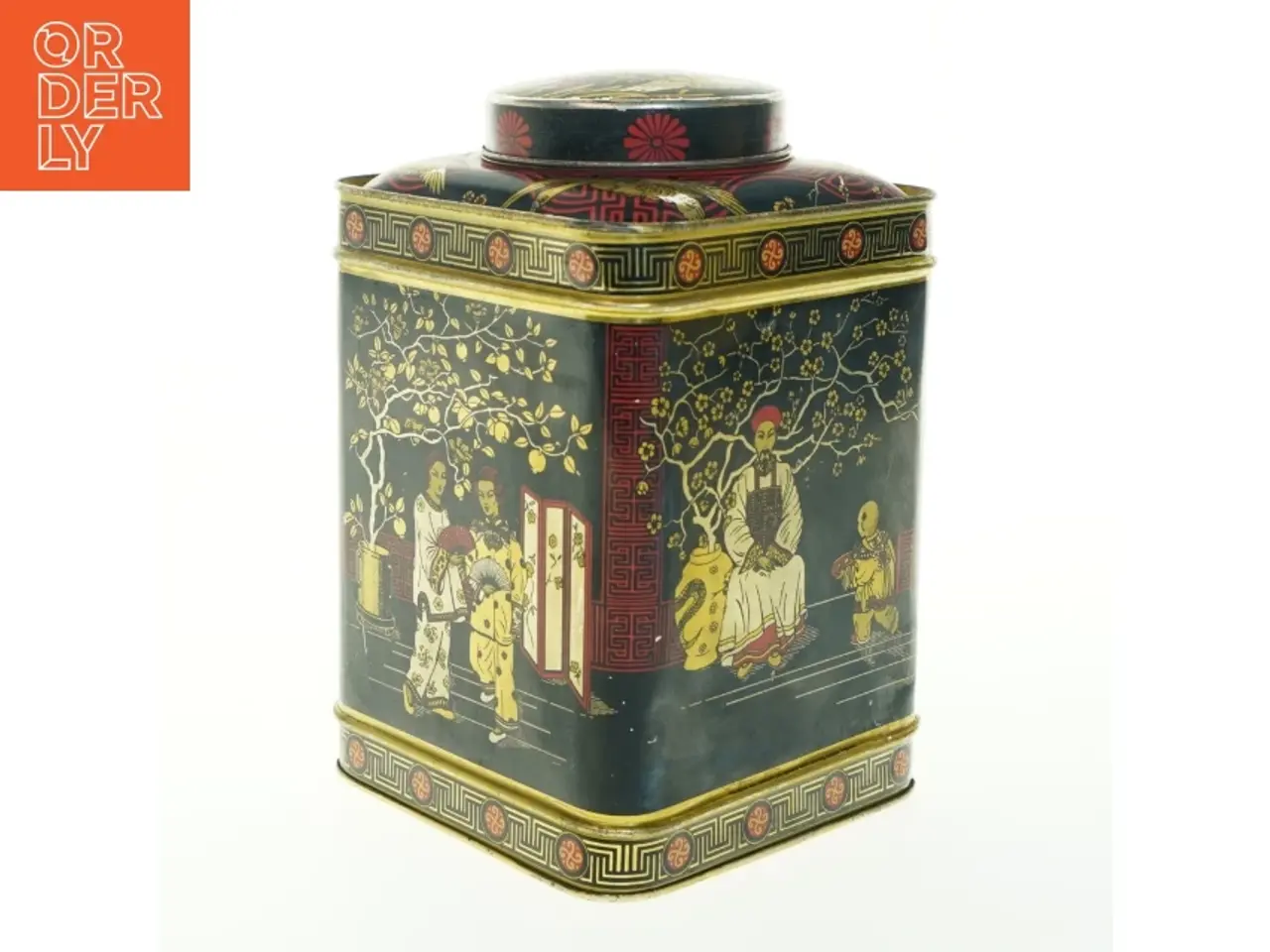 Billede 1 - Vintage Tindekasse med Asiatiske Motiver (str. H. 22 cm. 14,5 x 14,5 cm)