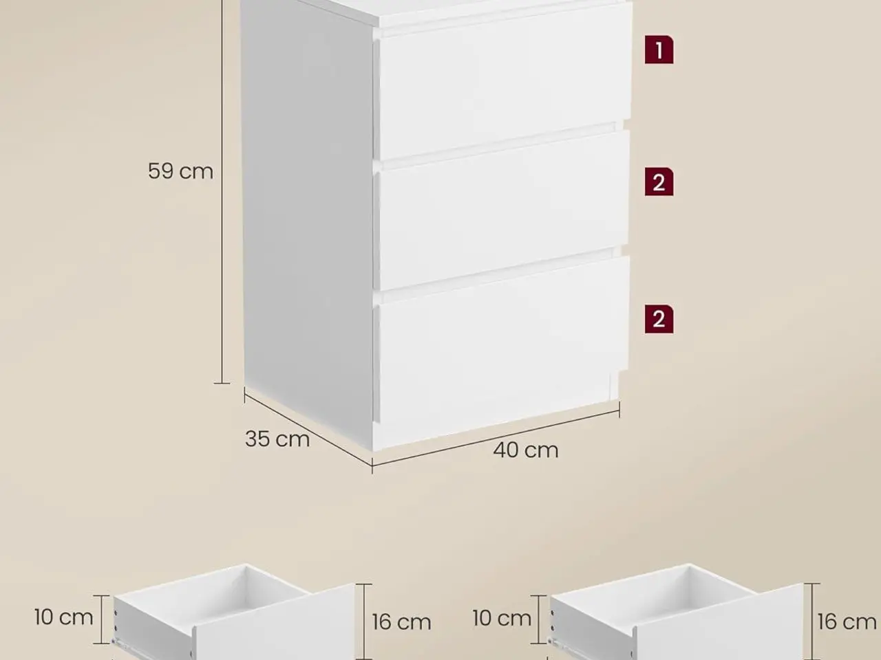 Billede 3 - Sengeborde med 3 skuffer og opladning - 2 stk., Cloud White