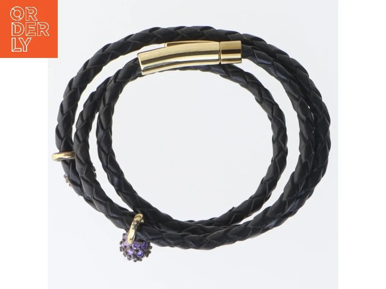Billede 1 - Flettet sort læderarmbånd med guld lukning (str. 50 cm)