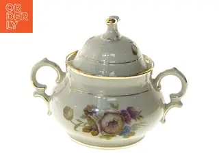 Porcelæns sukkerskål med låg og blomsterdesign fra Rosenborg og Københavns Porcellains Maleri (str. 12x12 cm)