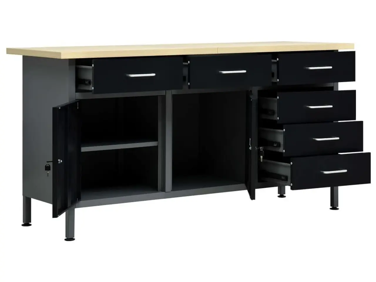 Billede 3 - Arbejdsbord/arbejdsbænk 160 × 60 × 85 cm - stål, sort/grå, 6 skuffer og 2 skabe