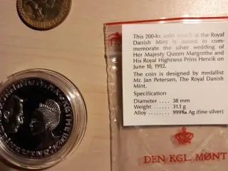 Sæt. Sølvbryllupsmønter 200 kr.sølv og 20 kr. 1992
