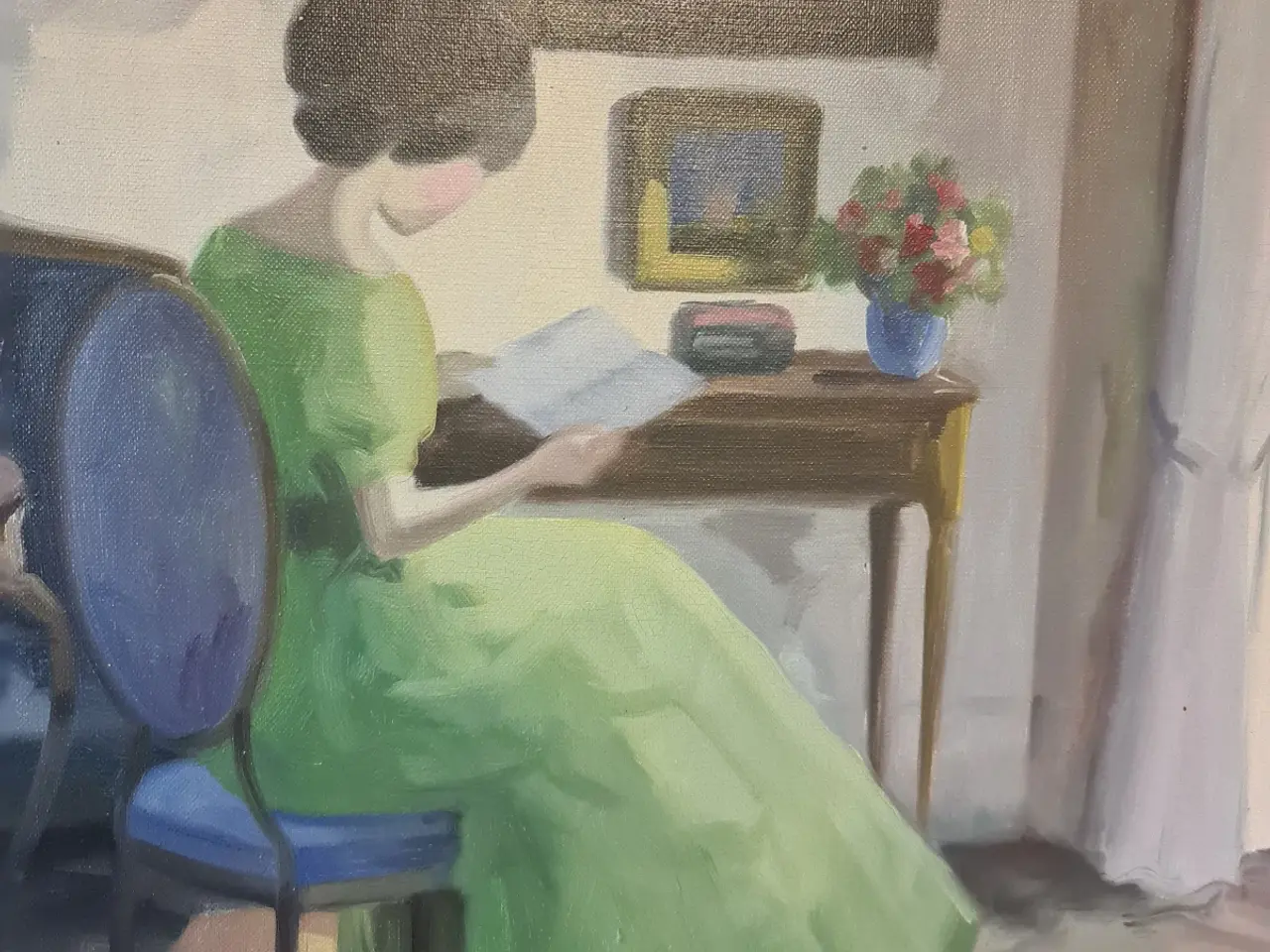 Billede 4 - Edith Gert – stort oliemaleri med læsende kvinde