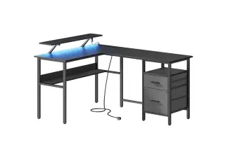 Skrivebord hjørne L-form gaming skrivebord med LED, skærmhylde, 4 strømudtag, 2 USB-porte, 2 skuffer, træ sort (LWD095B01)