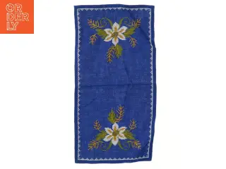Broderet blå juleløber med blomstermotiv (str. 41x21 cm)