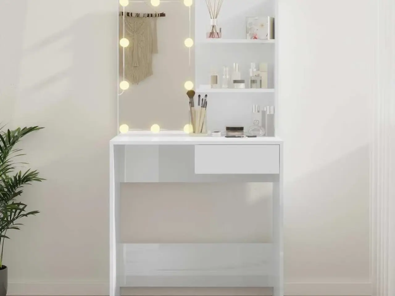 Billede 3 - Makeupbord med LED-lys 74,5x40x141 cm hvid højglans