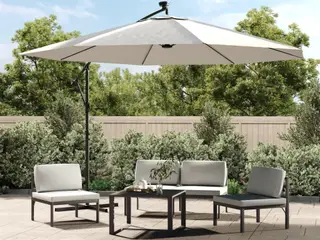 Hængeparasol med LED-lys, metalstang 350 cm - sandfarvet