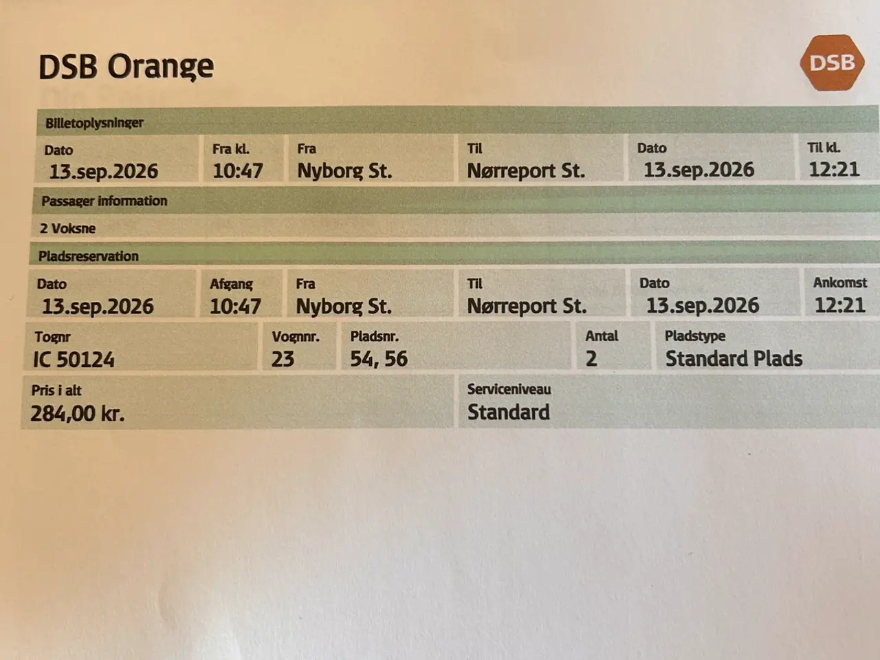 Billede 1 - Togbillet Nyborg til Nørreport, 2 personer. Vi er