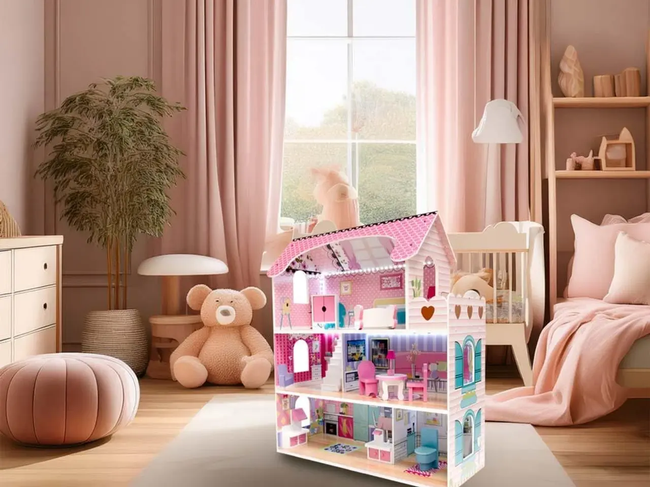 Billede 3 - Dukkehus med møbler og LED - 70 cm, pink