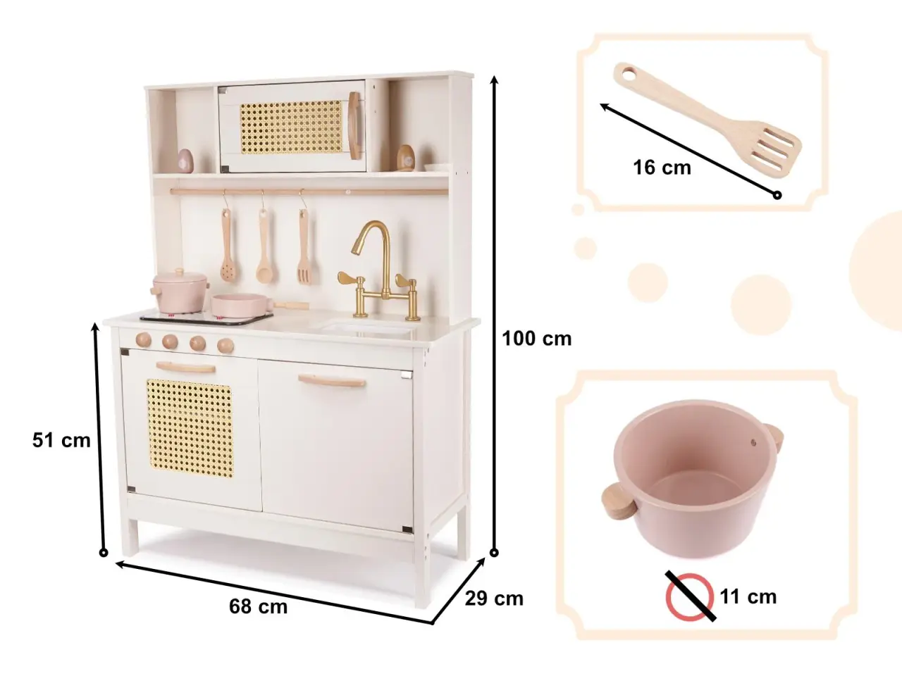 Billede 3 - Legekøkken i træ med retro look og boho tilbehør - MDF, lys og lyd