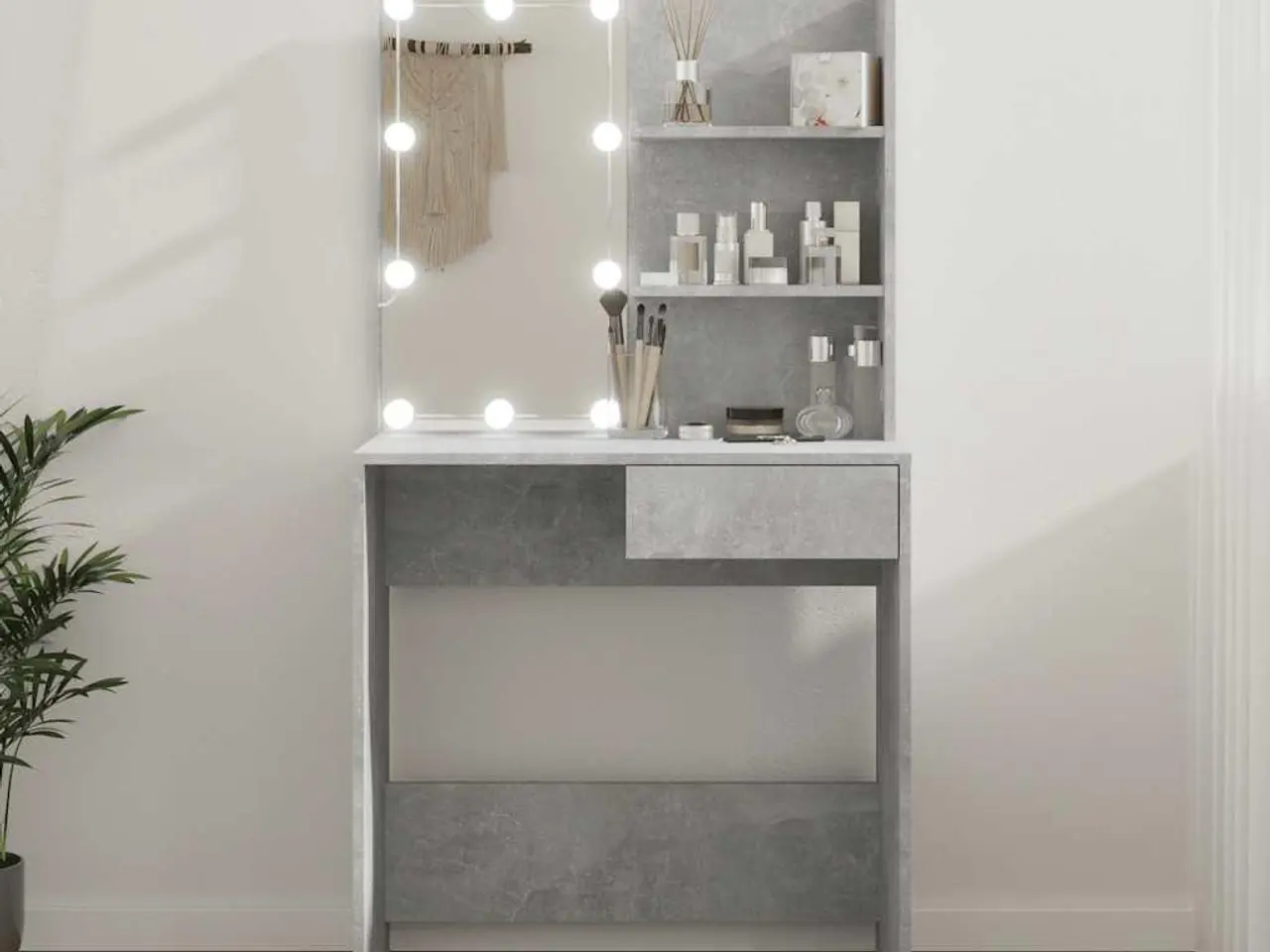 Billede 1 - Makeupbord med LED-lys - 74,5 × 40 × 141 cm, betongrå