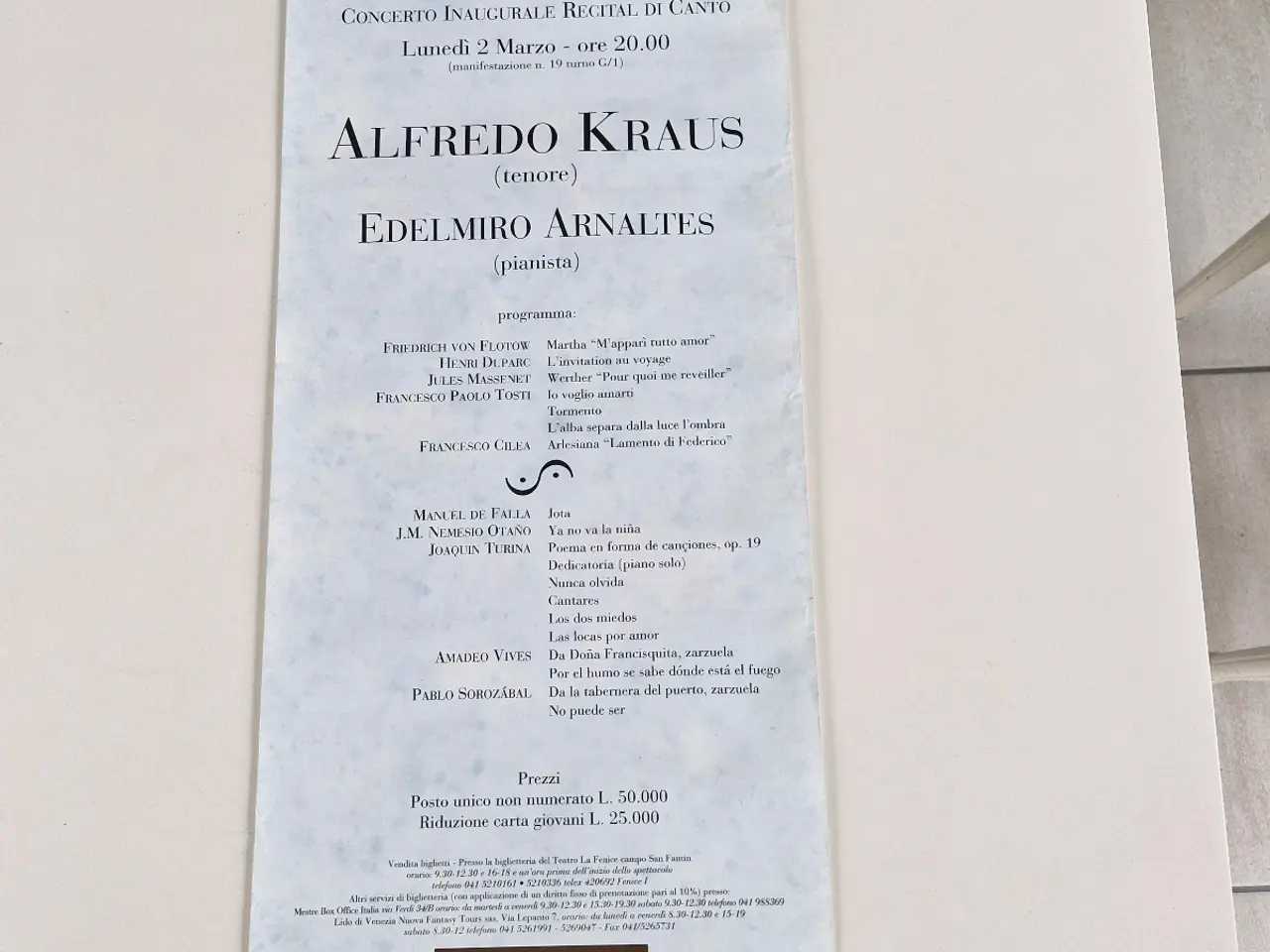 Billede 1 - 1992 Teaterplakat: Alfredo Kraus, Teatro La Fenice