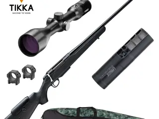 Tikka T3X Lite adj kampangesæt incl. kikkert, lyddæmper og foderal-223 Rem