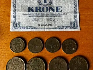 Gamle danske 1 og 2 kroner (8 mønter og 1 seddel)