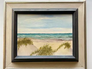Skønt retro maleri – strand og klitter (26x22 cm)