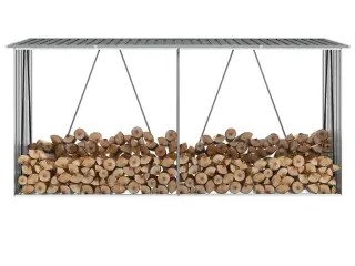 Brændeskur til haven galvaniseret stål 330x84x152 cm grå