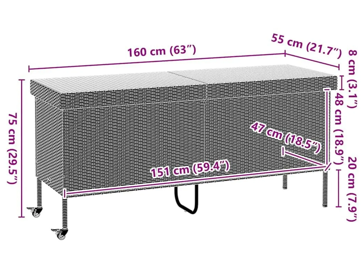 Billede 11 - Opbevaringsboks med hjul i polyrattan - 160 × 55 × 75 cm, sort