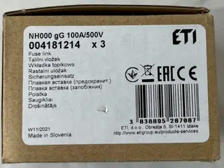ETI NH000 sikringer 100A 500V gG NH Fuse 004181214