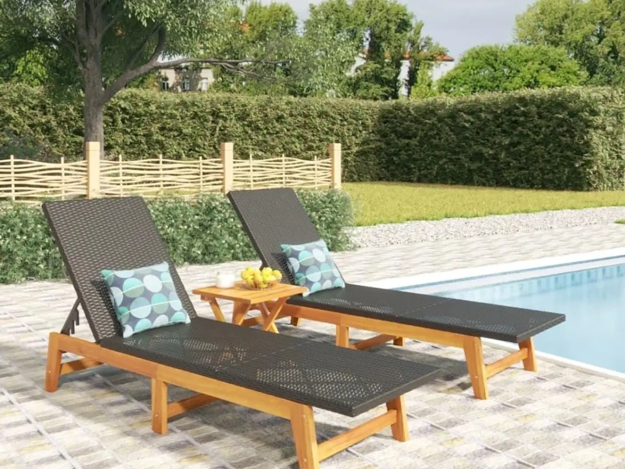 Billede 1 - Liggestole 2 stk. i polyrattan og massivt akacietræ - sort/brun