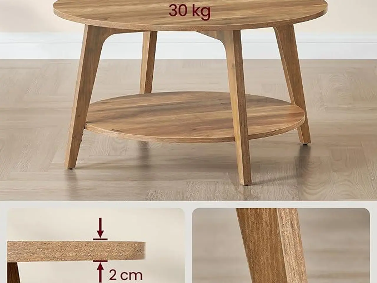 Billede 5 - Rundt sofabord med 2 hylder 80 cm - honningbrun