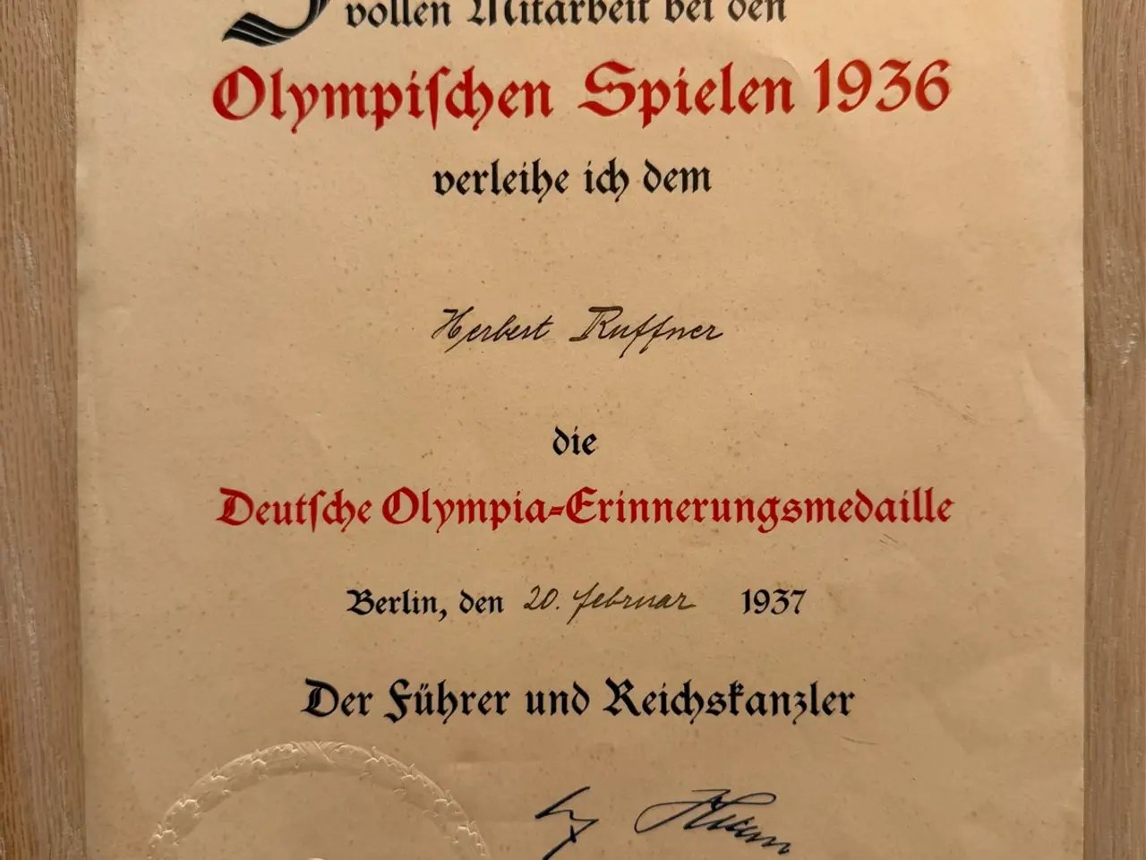 Billede 1 - 🇩🇪 OL BERLIN 1936 – HISTORISK TILDELINGSDOKUMENT