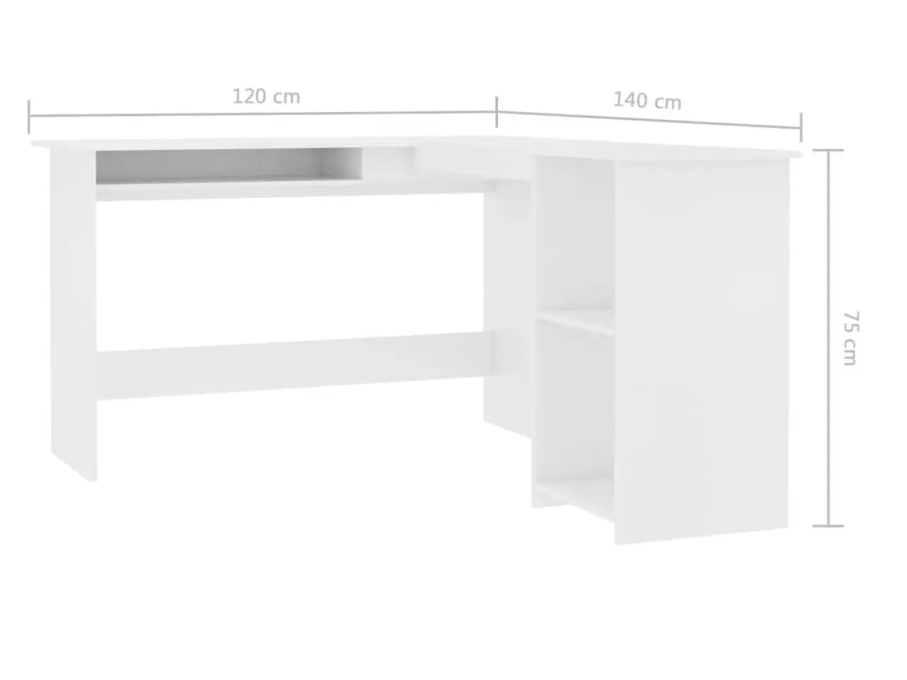 Billede 6 - L-formet skrivebord med tastaturbakke 120 x 140 x 75 cm - hvid