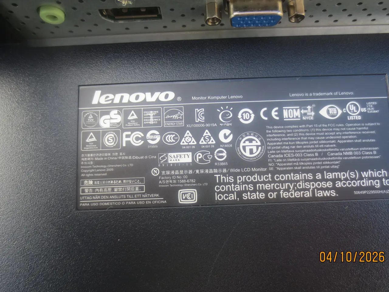 Billede 5 - 1 stk Lenovo Pc skærm type L 2251