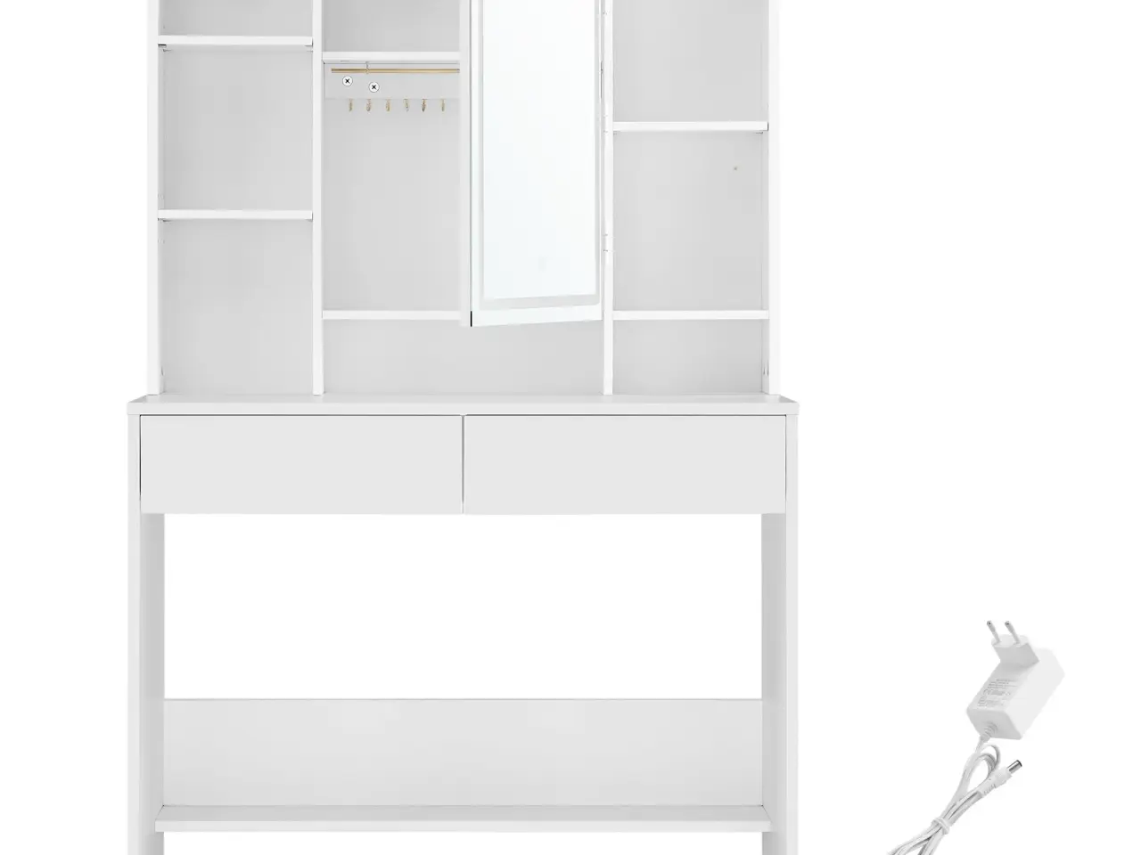 Billede 2 - Toiletbord med LED spejl hvid, 2 skuffer, justerbare hylder