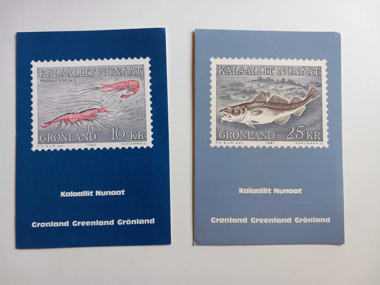 Billede 1 - 2 postkort med grønlandske frimærker