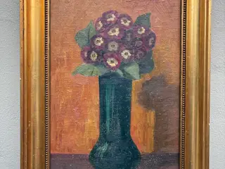 Maleri med blomster i vase i guldramme signeret