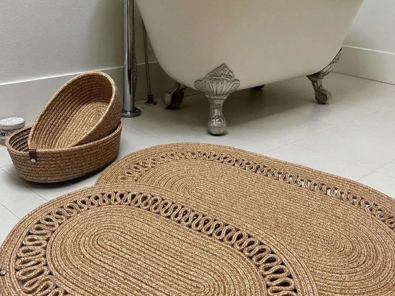 Billede 1 - 4-delt Boho badesæt – 2 ovale bademåtter & 2 kurve